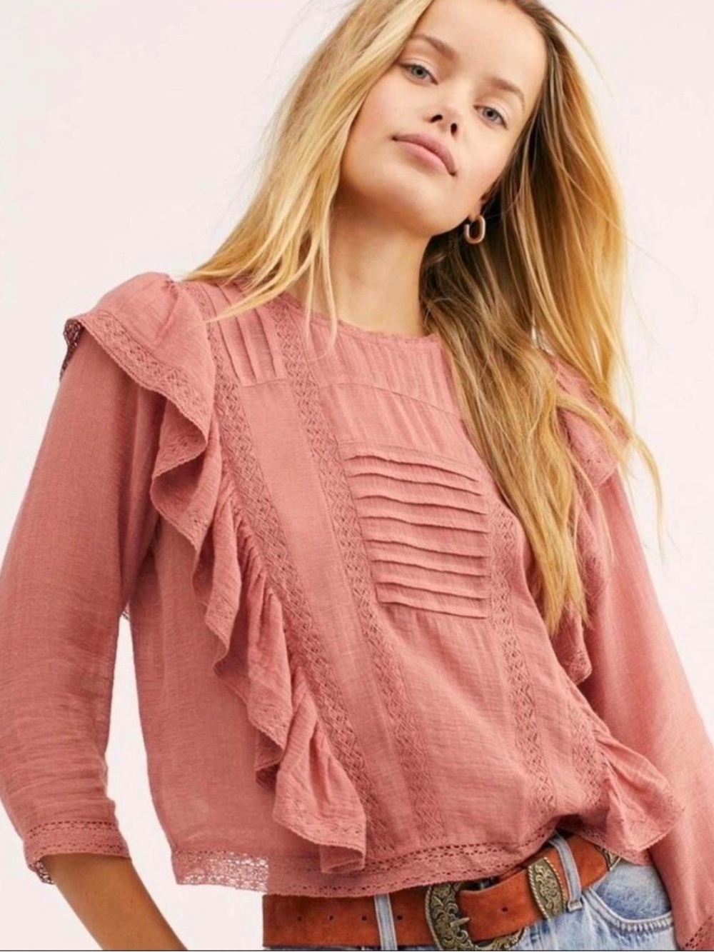 Free People Jasmine Ruffled Pintuck Blouse - Dusty Rose